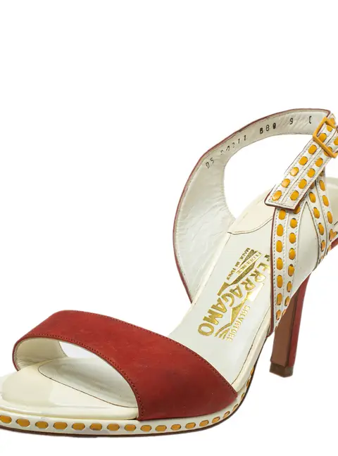 Salvatore Ferragamo Orange/White Patent And Leather Slingback Sandals Size 39.5