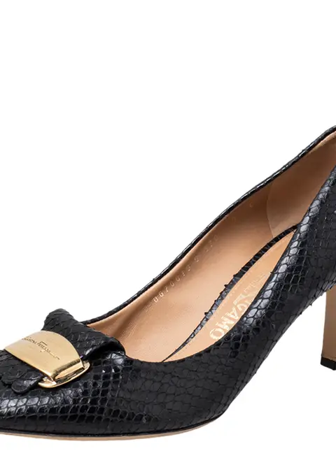 Salvatore Ferragamo Black Python Embossed Leather Logo Embellished Pumps Size 39.5
