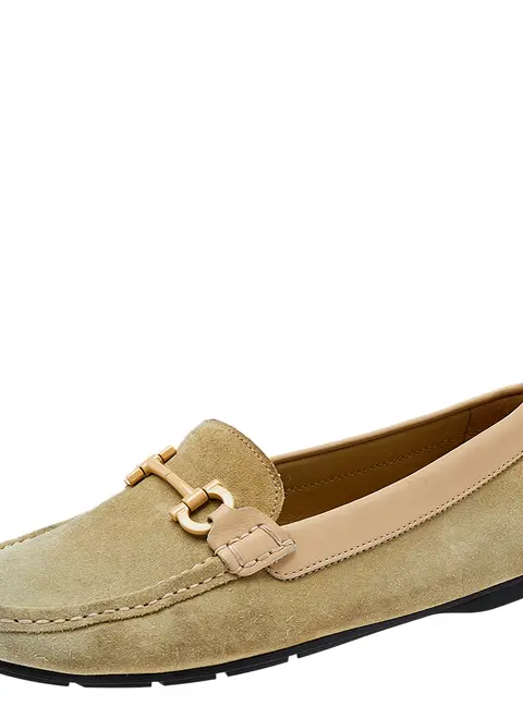 Salvatore Ferragamo Green/Beige Suede And Leather Gancini Bit Slip On Loafers Size 39.5