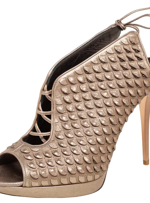 Salvatore Ferragamo Metallic Beige Python Embossed Leather Studded Slingback Sandals Size 39