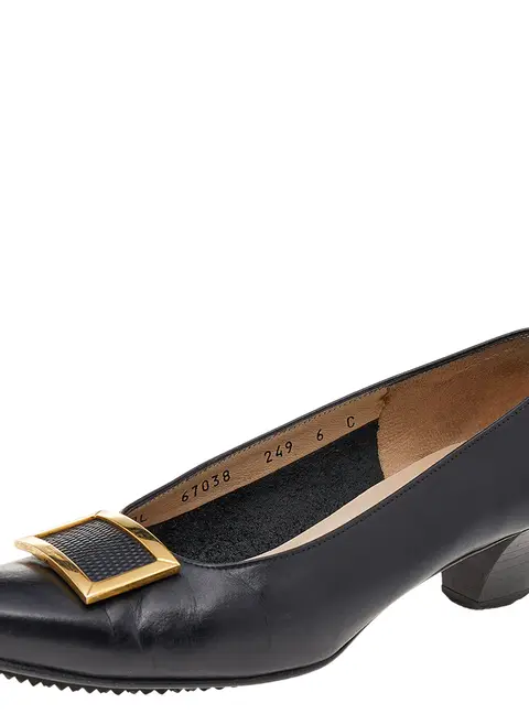Salvatore Ferragamo Size 36.5 Black Leather Block Heel Pumps