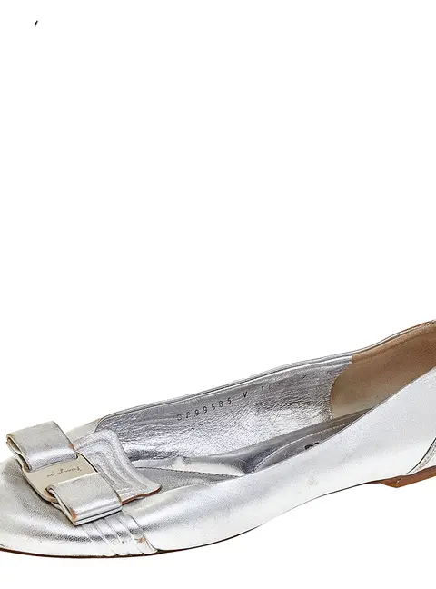 Salvatore Ferragamo Silver Leather Vara Bow Ballet Flats 37.5