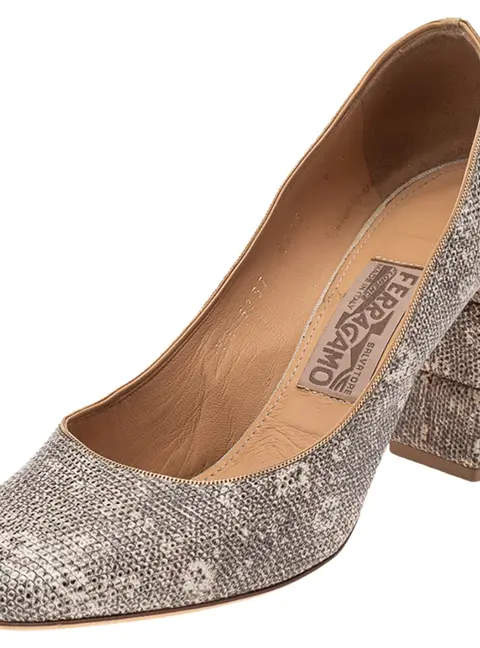 Salvatore Ferragamo Two Tone Lizard Embossed Leather Block Heel Pumps Size 38.5