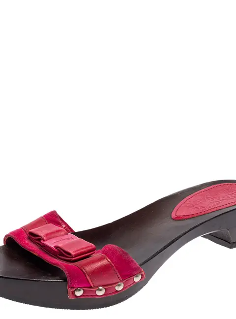 Salvatore Ferragamo Magenta Suede and Leather Vara Bow Slide Sandals Size 36