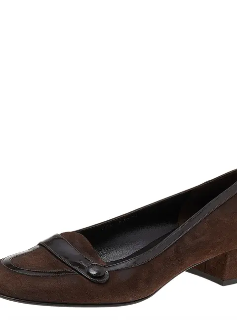Salvatore Ferragamo Dark Brown Suede And Patent Leather Block Heel Pumps Size 38.5