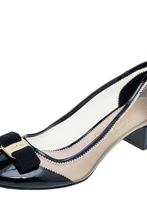 Salvatore Ferragamo Black Patent Leather And Mesh Vara Bow Block Heel Pumps Size 40.5