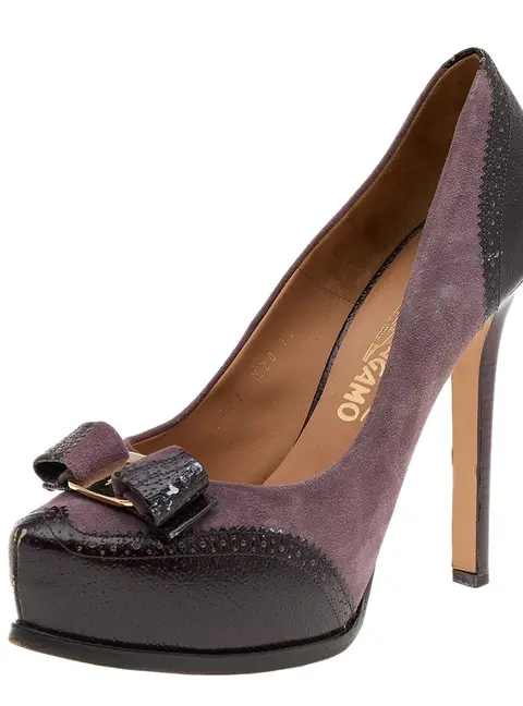 Salvatore Ferragamo Purple/Brown Leather And Suede Vara Bow Pumps Size 40.5
