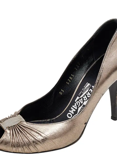 Salvatore Ferragamo Metallic Grey Leather Peep Toe Pumps Size 37.5