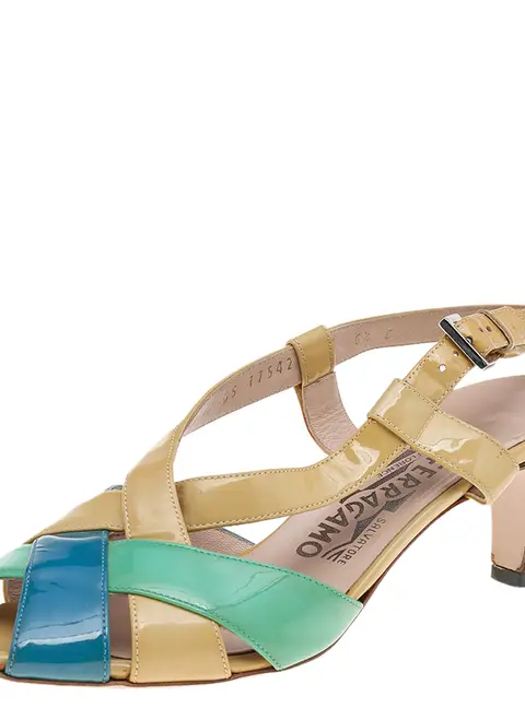 Salvatore Ferragamo Size 37 Multicolor Patent Leather Ankle Strap Sandals