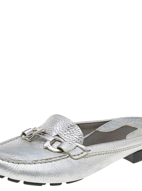 Salvatore Ferragamo Silver Leather Gancini Slip On Mules Size 38.5