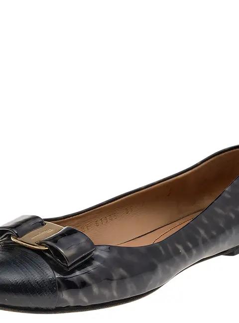 Salvatore Ferragamo Two Tone Patent Leather And Lizard Embossed Leather Cap Toe Vara Bow Ballet Flats Size 37.5