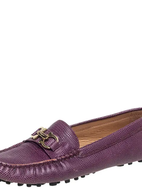 Salvatore Ferragamo Purple Lizard Embossed  Leather Gancini Bit Loafers Size 36