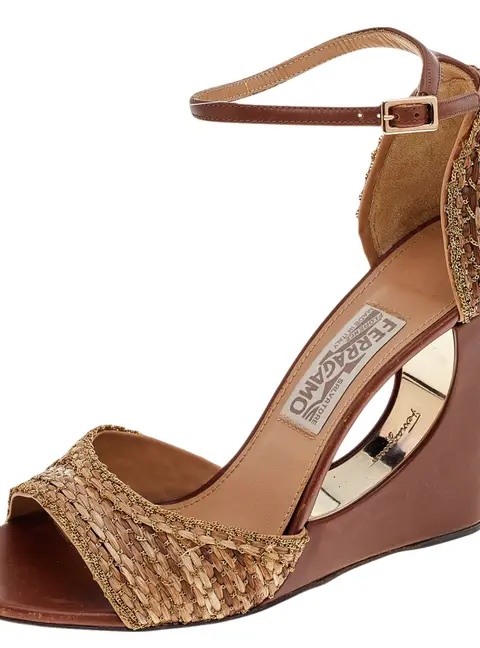 Salvatore Ferragamo Brown/Beige Woven Straw Chain Embellishment Sandals Size 38.5