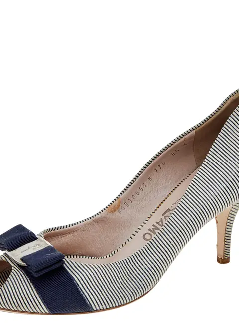 Salvatore Ferragamo Blue/White Canvas Vara Bow Peep Toe Pumps Size 39