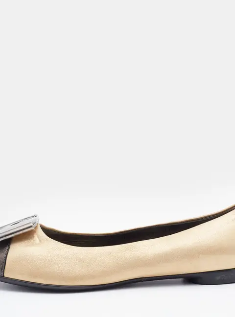 Salvatore Ferragamo Metallic Gold/Black Leather Cap Toe Metal Trim Ballet Flats Size 36