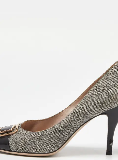 Salvatore Ferragamo Black/Grey Leather and Tweed Buckle Detail Pumps Size 39.5