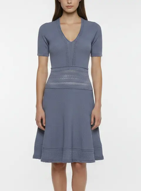 Sandro Navy Blue Knit Short Sleeve V-Neck Dress M