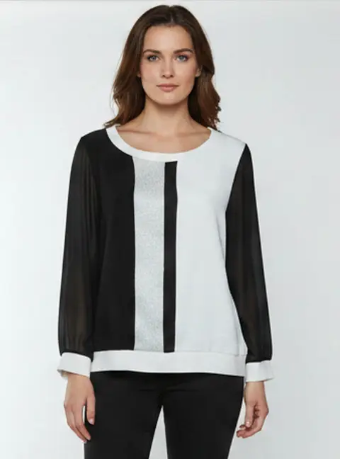 Sandro Monochrome Textured Crepe Paneled Long Sleeve Blouse L