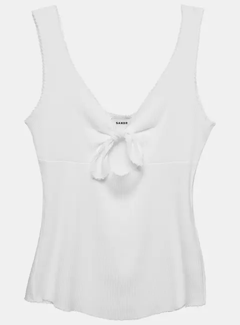 Sandro White Rib Knit Knotted Neck Sleeveless Top S