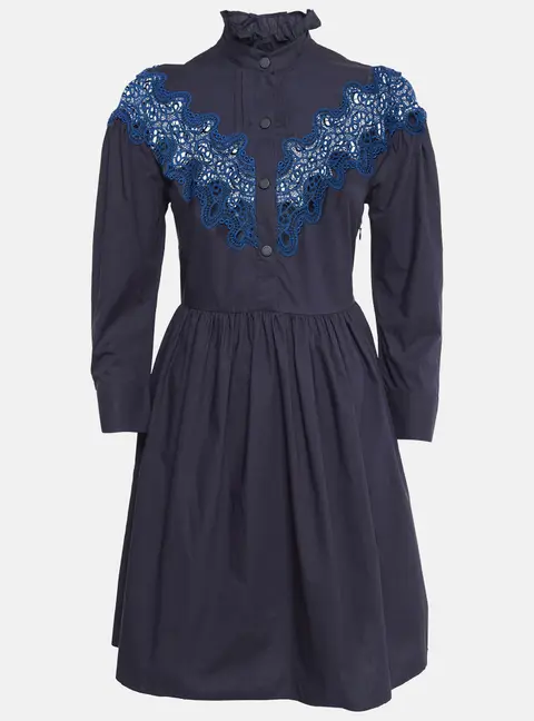 Sandro Navy Blue Cotton Lace Trim Ruffled Collar Mini Dress XS