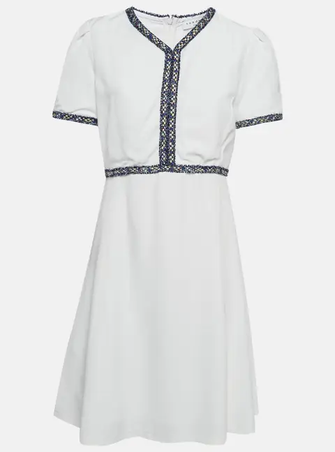 Sandro White Textured Crepe Trim Detail Mini Dress L