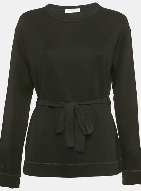 Sandro Black Knit and Satin Waist Tie-Up Detail Top M