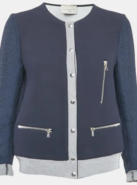 Sandro Navy Blue Crepe Zip-Up Contrast Trim Jacket L