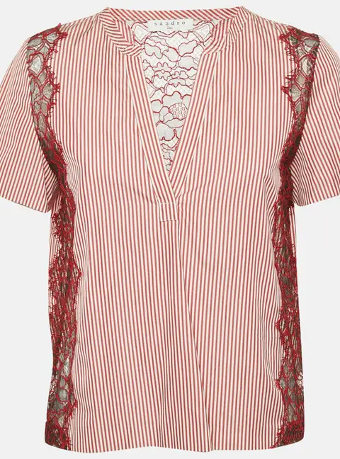 Sandro Red Stripe Cotton Lace Trimmed Top S