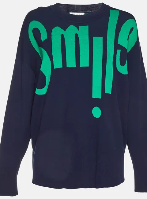 Sandro Blue/Green Smile Intarsia Knit Crewneck Sweater L