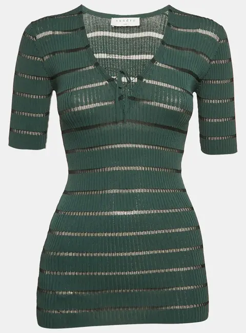 Sandro Green Striped Rib Knit Lace-Up Top S