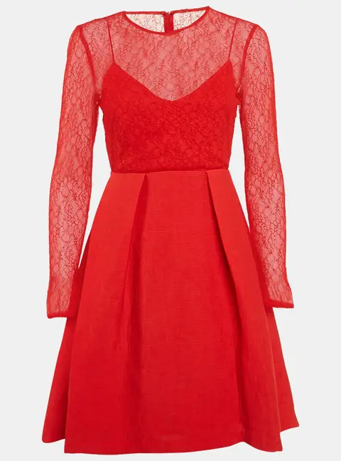 Sandro Red Lace and Textured Crepe Pleated Mini Dress XS