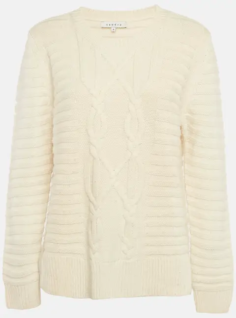 Sandro Cream Cable Knit Crewneck Sweater L