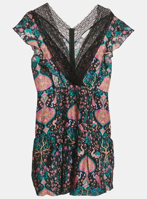 Sandro Multicolor Printed Ruffled Lace Trim Detail Mini Dress L