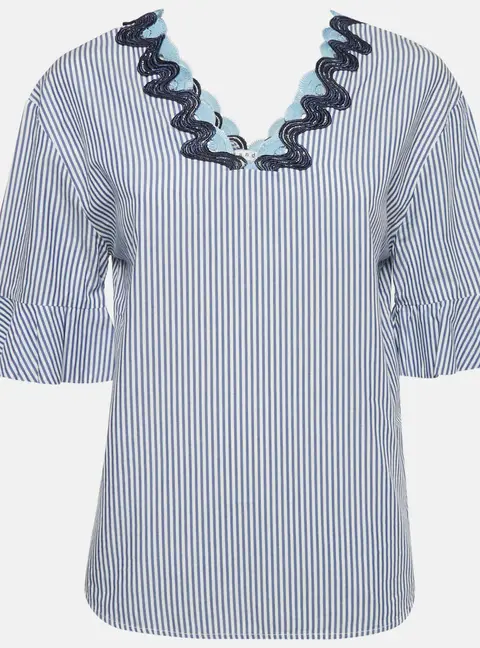 Sandro Blue Striped Cotton Neck Detail Blouse S