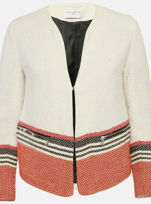Sandro White Tweed Striped Hook Front Jacket M