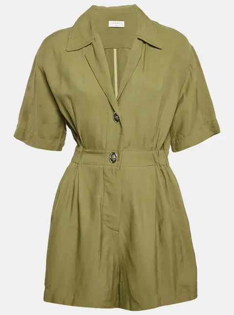Sandro Khaki Green Linen Blend Turnlock Button Playsuit S