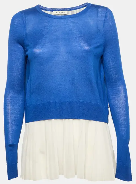 Sandro Blue/White Wool Knit and Chiffon Pleated Top S