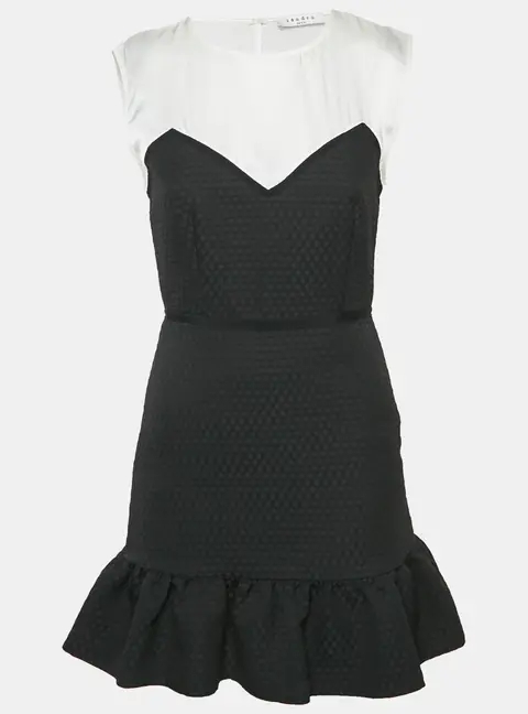 Sandro Black Satin/Jacquard Flounce Mini Dress S