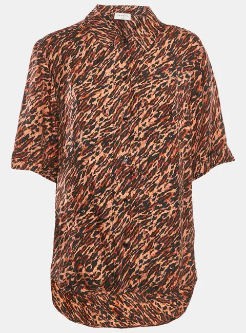 Sandro Brown Leopard Print Silk Short Sleeve Shirt L