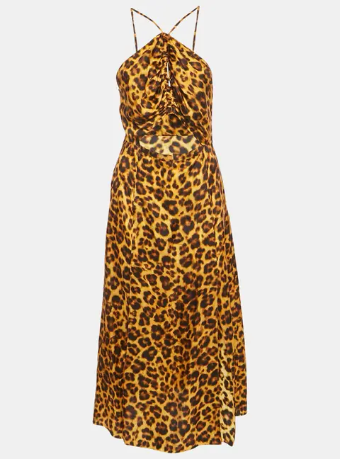 Sandro Orange Leopard Print Satin Cut-Out Ruched Midi Dress S