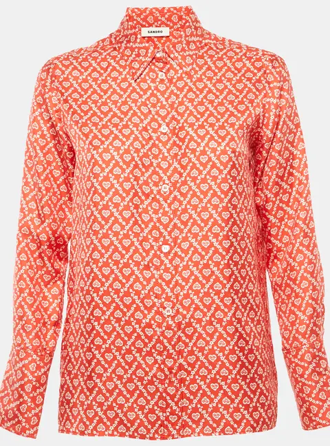 Sandro Red Printed Silk Button Front Long Sleeve Shirt XS