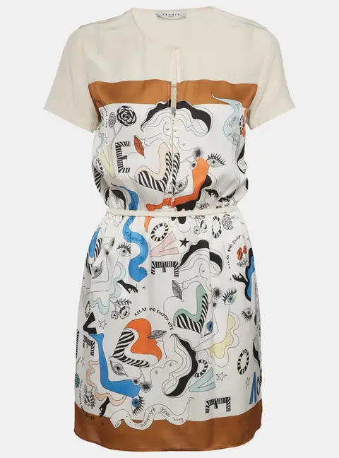 Sandro White Printed Crepe and Silk Trim Mini Dress S