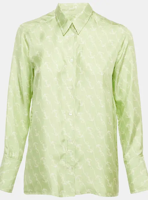 Sandro Green Anchor Print Silk Long Sleeve Shirt S