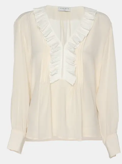 Sandro Light Beige Crepe Ruffle Trip Long Sleeve Shirt S