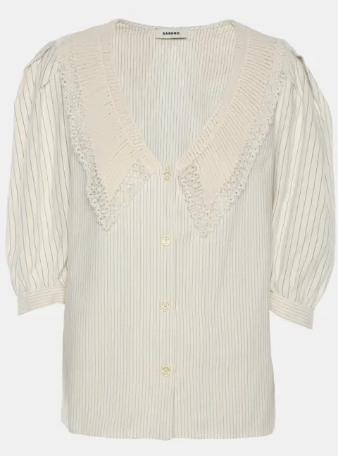 Sandro Cream Stripe Linen Blend Lace Trip Blouse S
