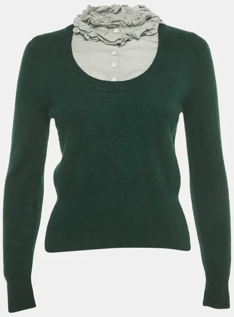 Sandro Green Cotton Trim Wool Fitted Sweater L