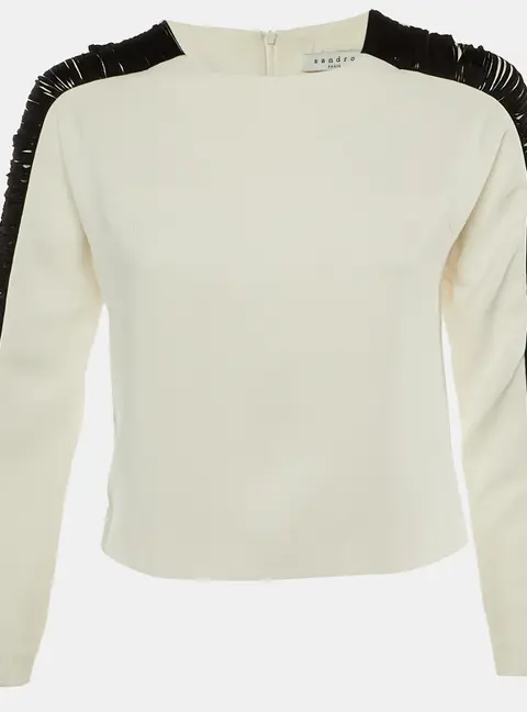 Sandro White Crepe Contrast Sleeve Detail Top S