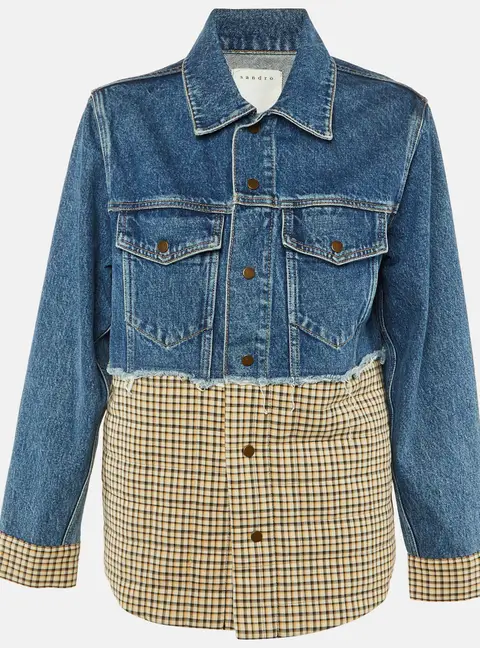 Sandro Blue Plaid Print Denim Jacket S