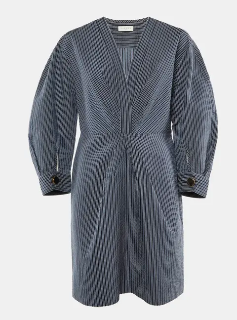 Sandro Navy Blue Striped Cotton Blend Plunge Neck Mini Dress XL