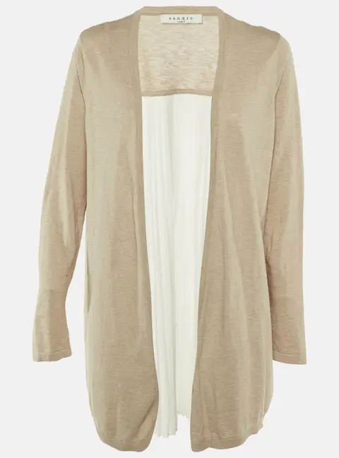 Sandro Beige Knit & Crepe Pleated Cardigan M